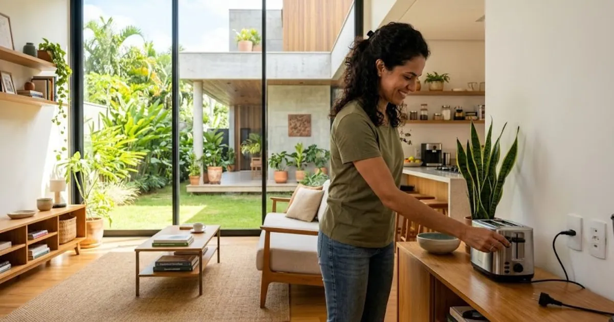 Pessoa reduzindo consumo de energia em casa usando hábitos eficientes