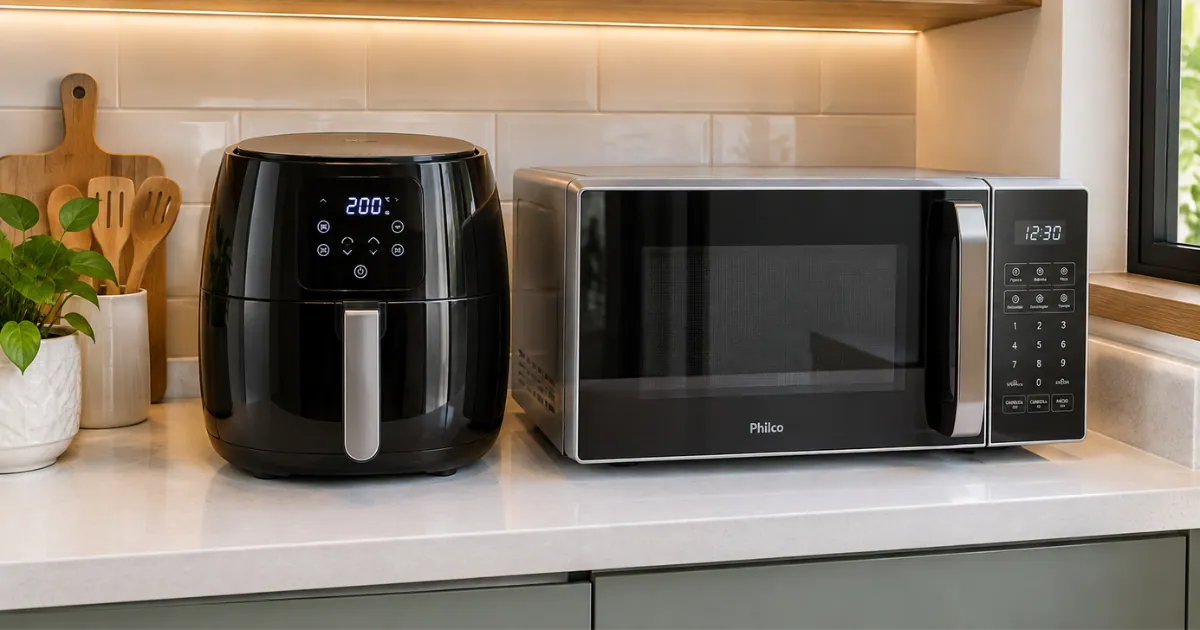 Air fryer e micro-ondas lado a lado em uma bancada de cozinha pequena