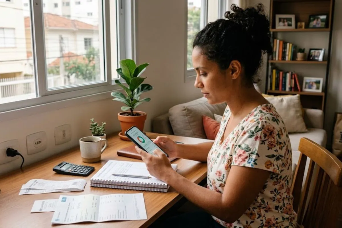 aplicativo de controle financeiro doméstico no celular mostrando gastos