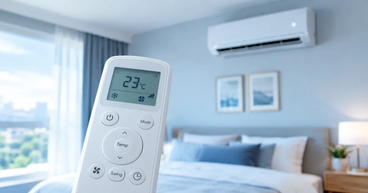 Controle remoto de ar-condicionado mostrando 23 graus em um quarto iluminado