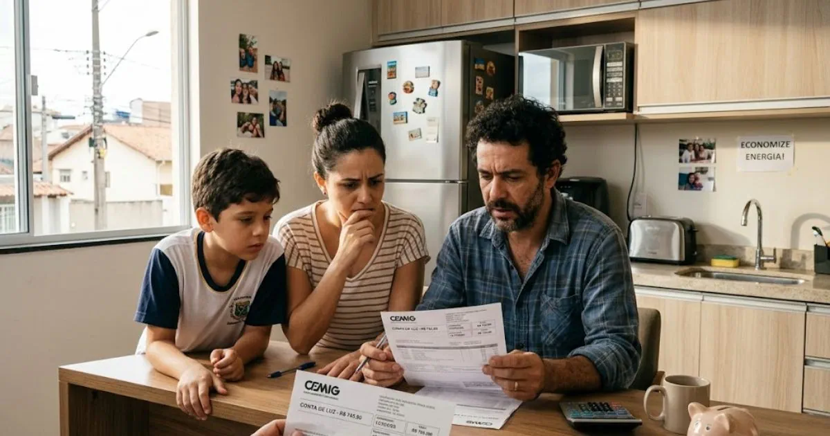Família analisando conta de luz alta durante bandeira tarifária