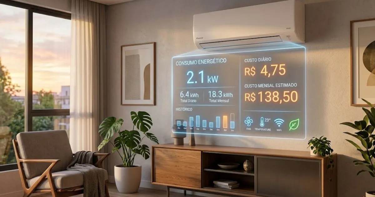 Painel digital mostrando o cálculo de consumo elétrico de um ar-condicionado moderno em ambiente residencial.