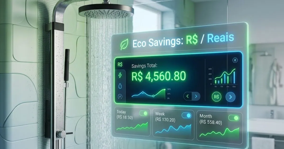 Interface ilustrativa de uma calculadora digital sobreposta a um chuveiro moderno exibindo economia de energia elétrica em reais.