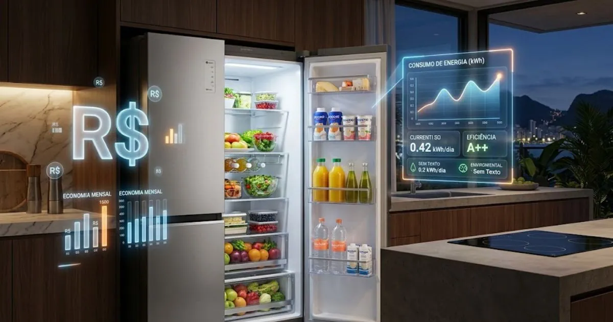 Visão conceitual de uma geladeira moderna e econômica aberta, exibindo gráficos digitais flutuantes de consumo em Reais.