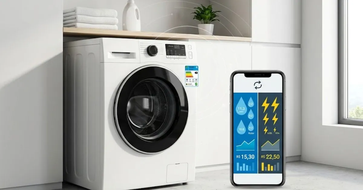 Interface de aplicativo móvel calculando gastos de água e luz ao lado de uma máquina de lavar moderna com selo Procel.