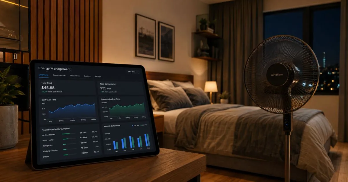 Calculadora de consumo de ventilador elétrico em um quarto mostrando gastos na conta de luz