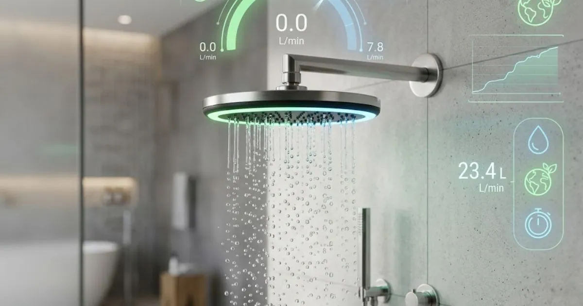 Gotas de água estilizadas caindo sobre um painel digital que exibe economia financeira em reais e metros cúbicos, com fundo minimalista de banheiro.