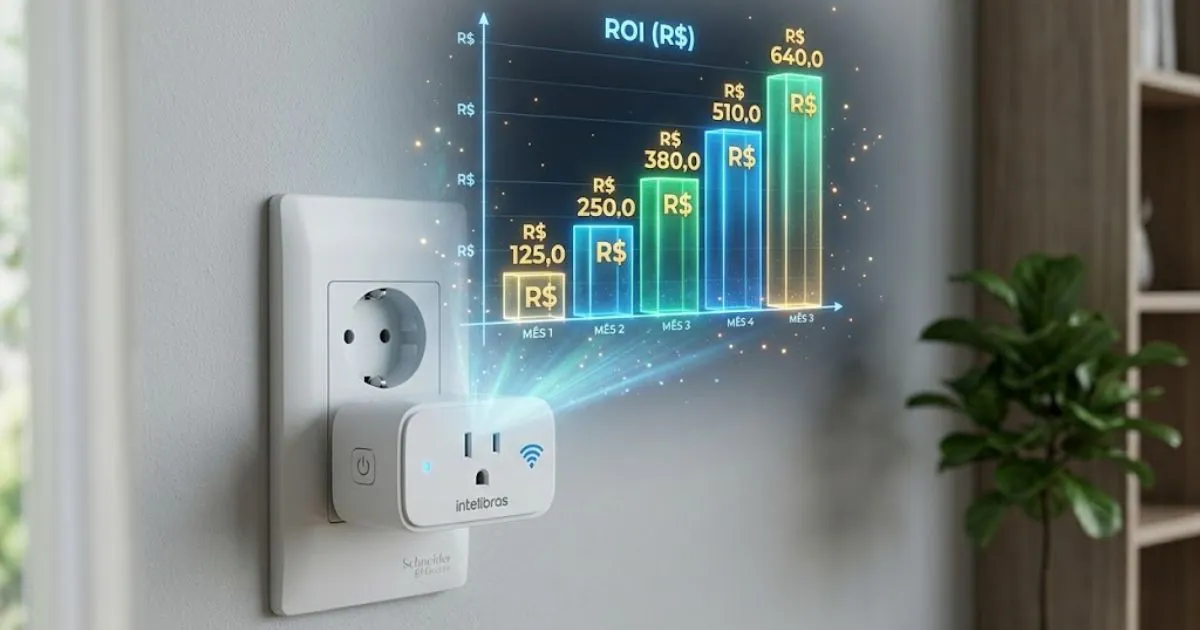 Tomada inteligente Wi-Fi na parede mostrando economia em dinheiro na tela do celular