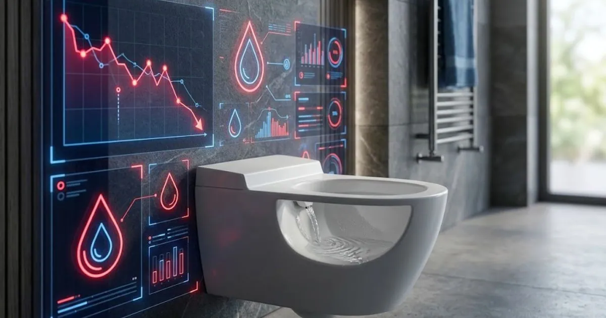 Ilustração em close de um vaso sanitário moderno com um fluxo sutil de água limpa escorrendo na louça, integrada a gráficos digitais de desperdício financeiro.
