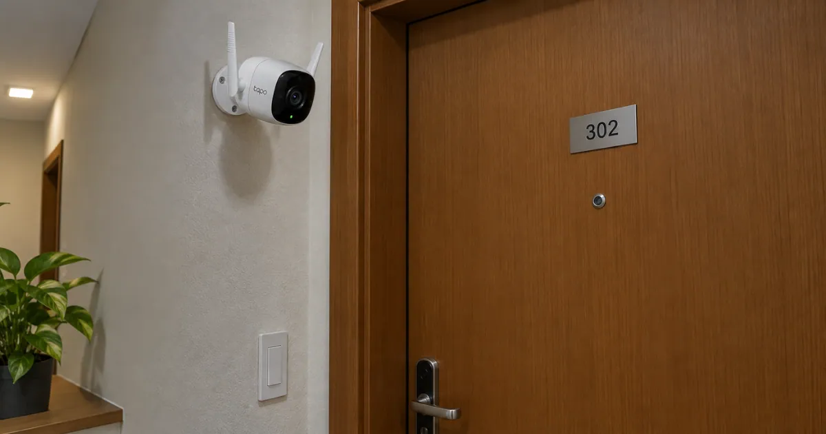 Câmera de segurança Wi-Fi instalada na entrada de um apartamento, próxima à porta