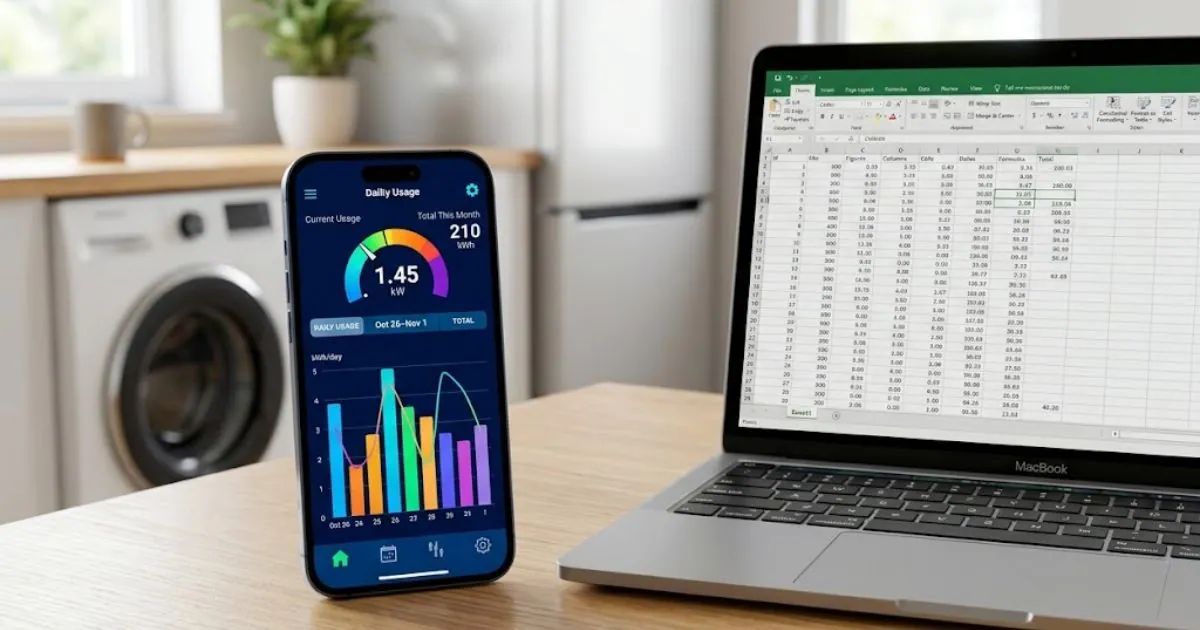 Celular mostrando monitoramento de energia ao lado de um notebook com planilhas de gastos domésticos