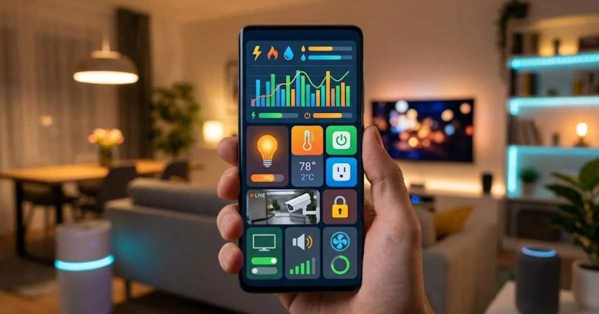 Smartphone exibindo aplicativo de monitoramento energético residencial inteligente em uma sala conectada