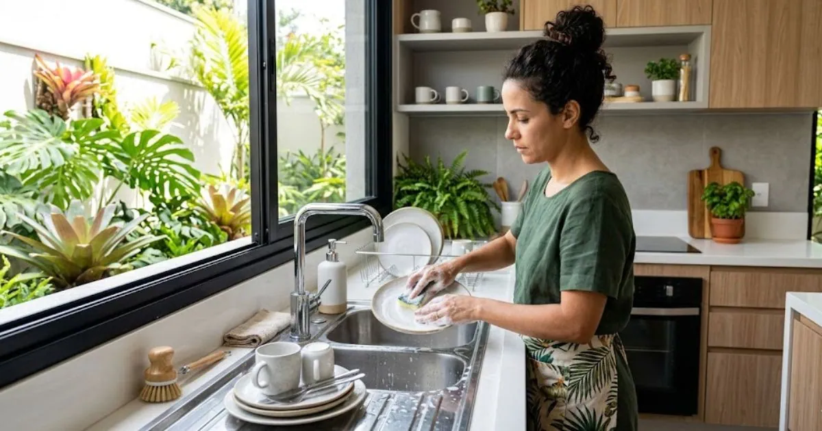 Pessoa economizando água ao lavar louça na cozinha