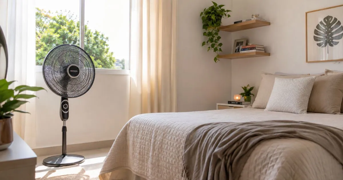 Pessoa usando ventilador para refrescar ambiente e economizar energia em casa