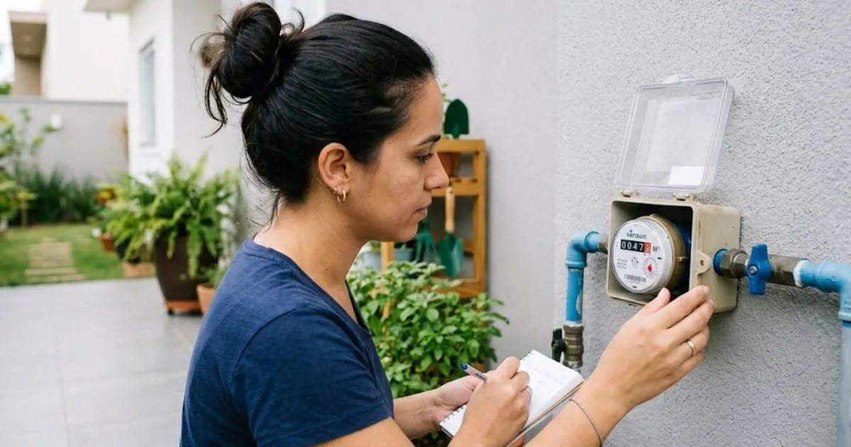 Pessoa verificando hidrômetro residencial para calcular consumo de água