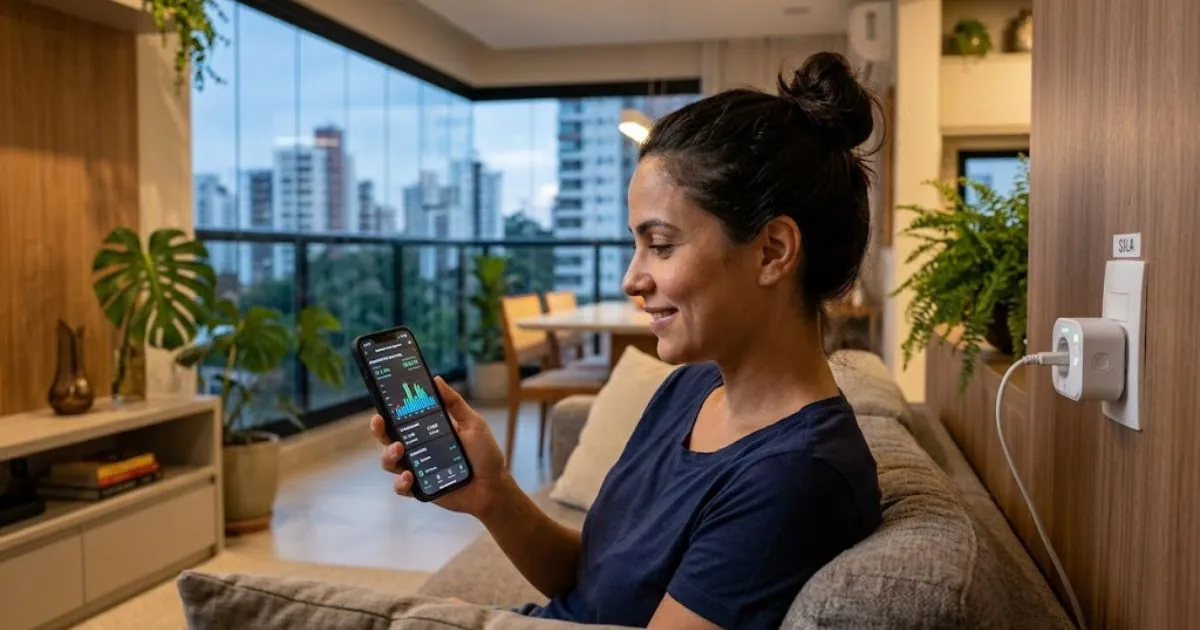 Pessoa monitorando consumo de energia pelo celular