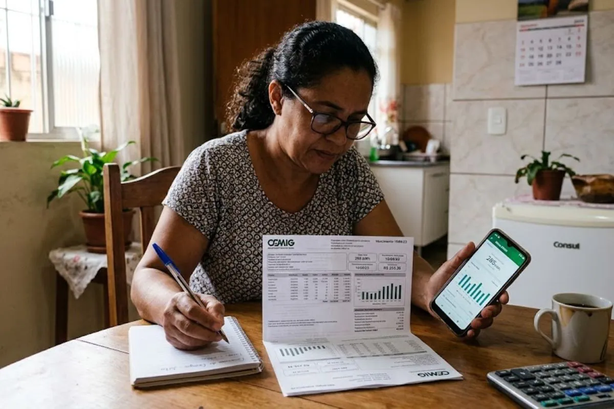 pessoa analisando conta de luz e consumo de energia mensal em casa