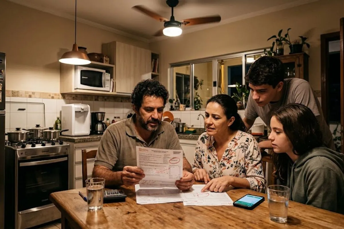 Família analisando conta de luz alta na cozinha doméstica