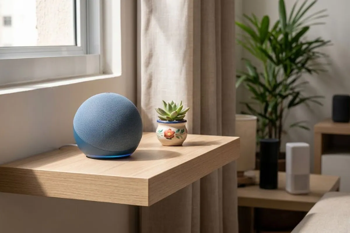 echo dot 5 geração em uso em sala moderna controlando casa inteligente