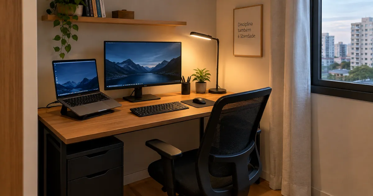Mesa de home office pequena com notebook, monitor e luminária em apartamento