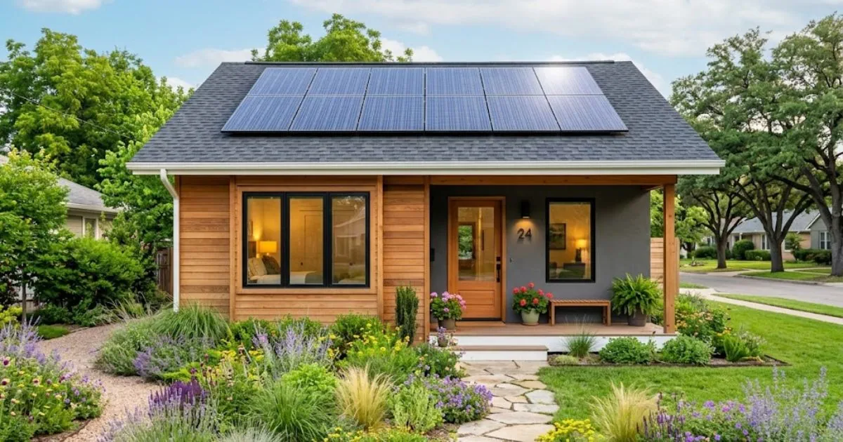 Pequena casa moderna e eficiente equipada com painéis solares fotovoltaicos no telhado