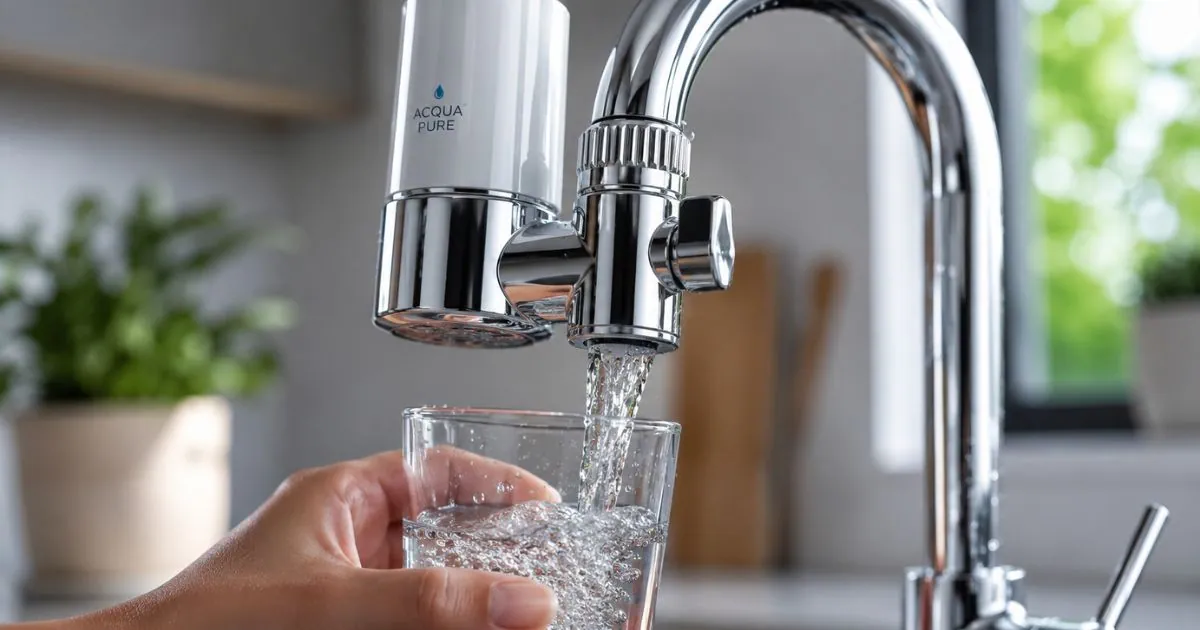 Filtro de torneira moderno instalado em bica de cozinha com fluxo de água limpa e contínua