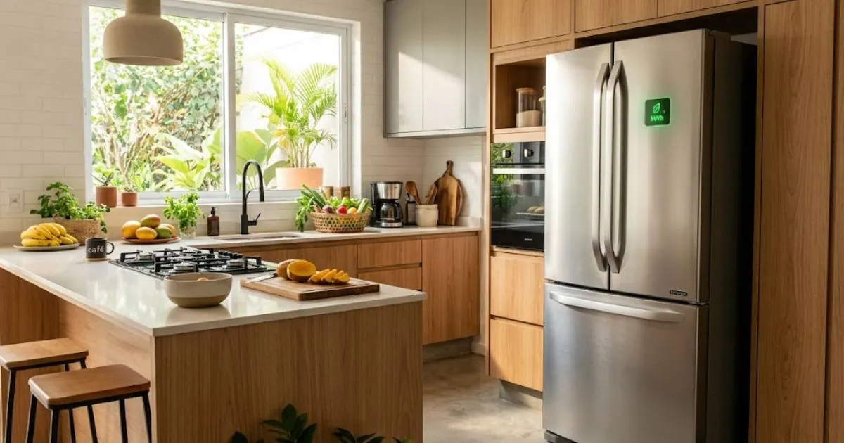 Geladeira inverter moderna em cozinha econômica