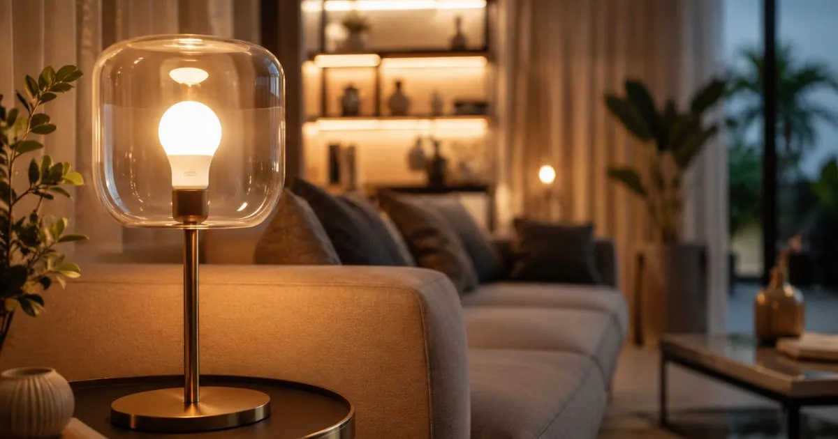 Lâmpada LED iluminando ambiente moderno destacando economia de energia