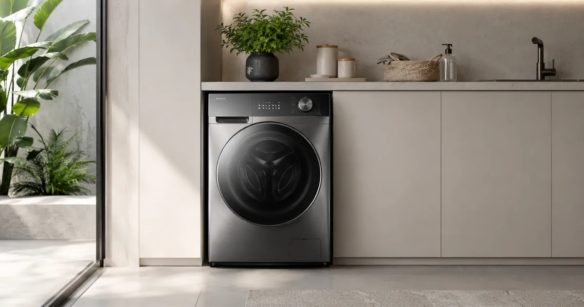Lava e Seca Midea HealthGuard Smart 13kg Titanium instalada em lavanderia moderna