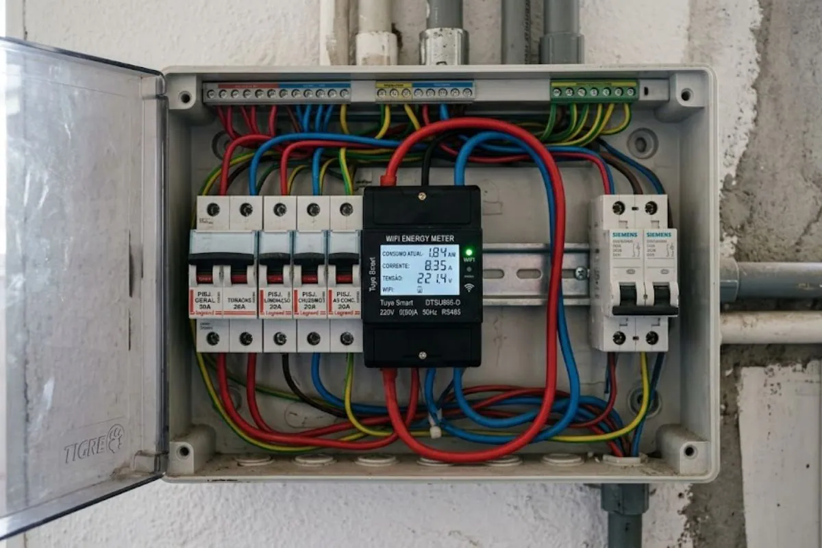 medidor de energia wifi instalado em quadro elétrico residencial brasileiro