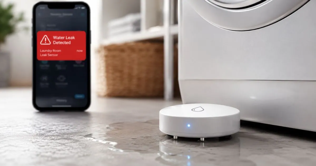 Sensor de vazamento de água inteligente posicionado próximo ao chão detectando umidade com alerta no celular