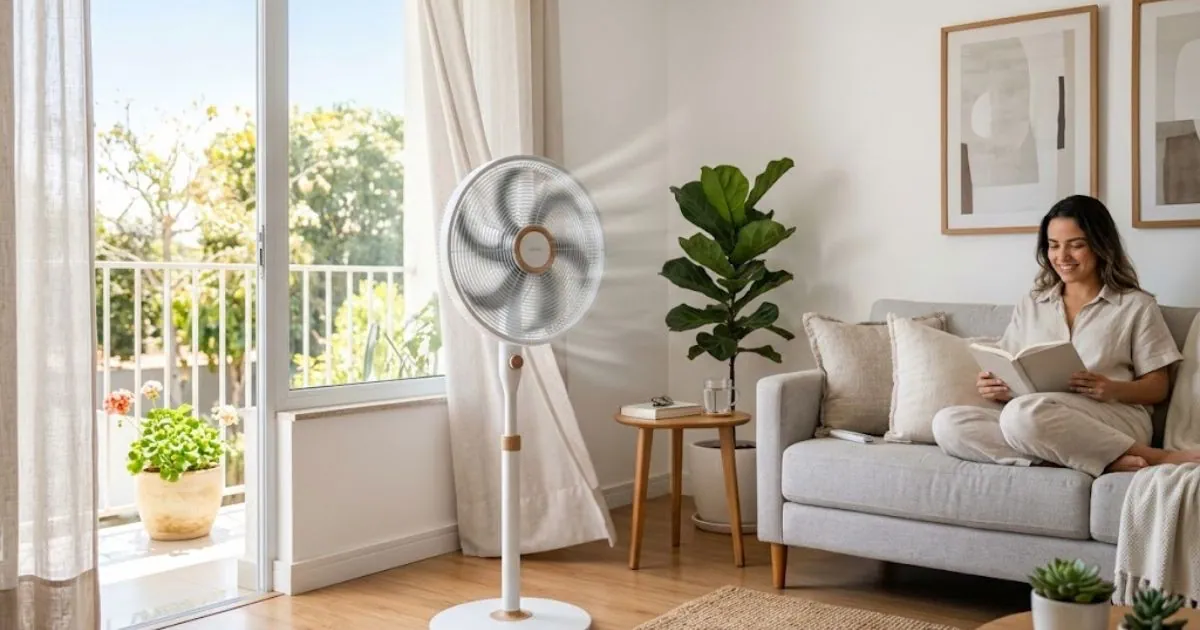 Ventilador econômico moderno ligado em sala residencial