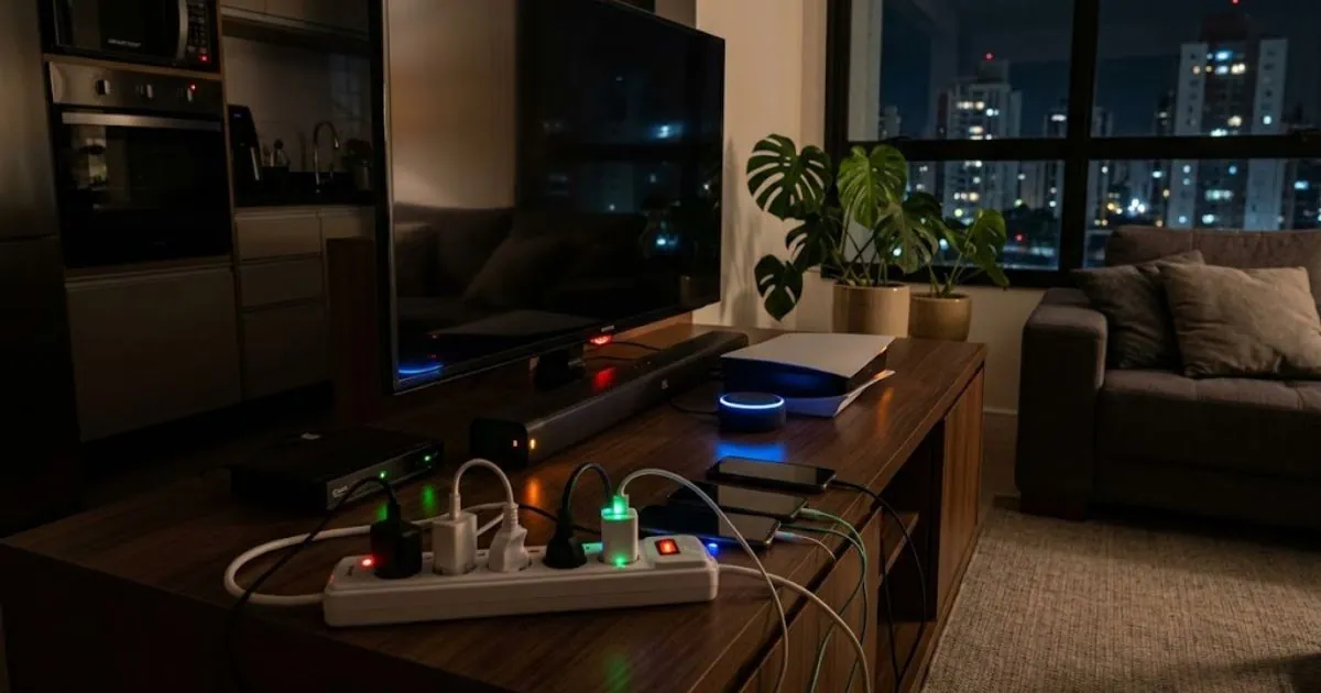 Aparelhos eletrônicos ligados na tomada consumindo energia