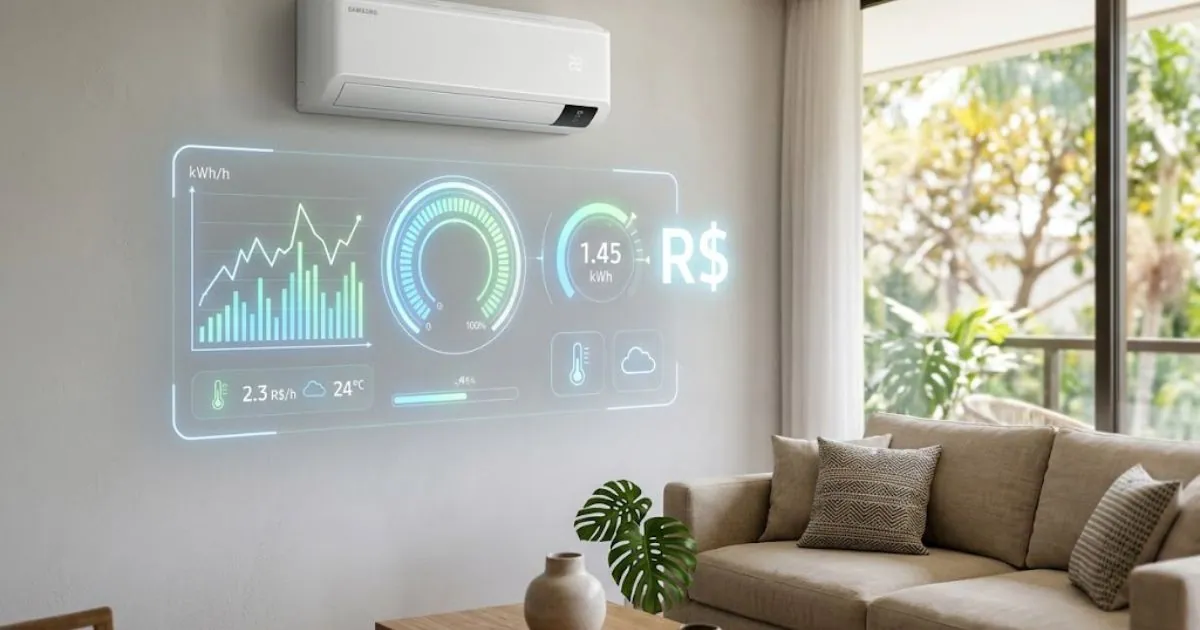 Aparelho de ar-condicionado split moderno instalado em uma parede clean, sobreposto por uma interface digital transparente exibindo cálculos de consumo elétrico em reais.