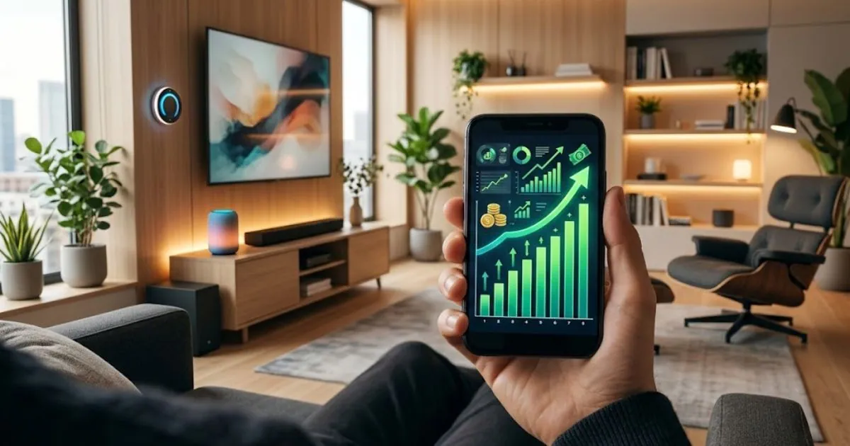 Smartphone exibindo gráficos de desempenho financeiro e economia residencial em um ambiente moderno