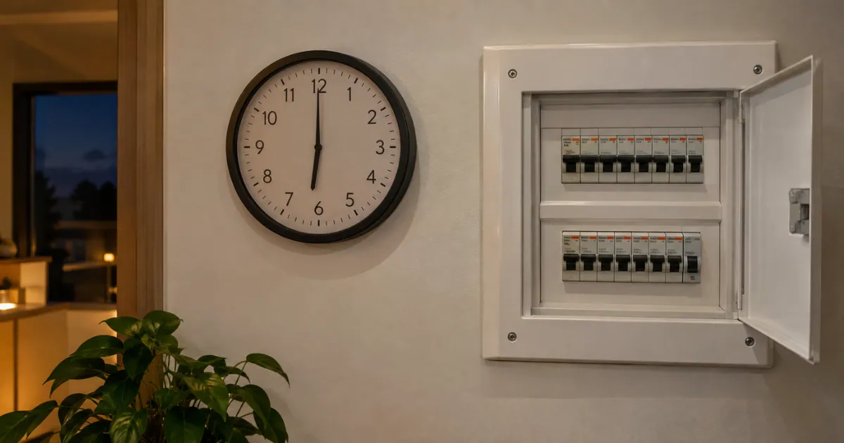 Relógio de parede marcando o início da noite ao lado de um quadro de disjuntores residencial