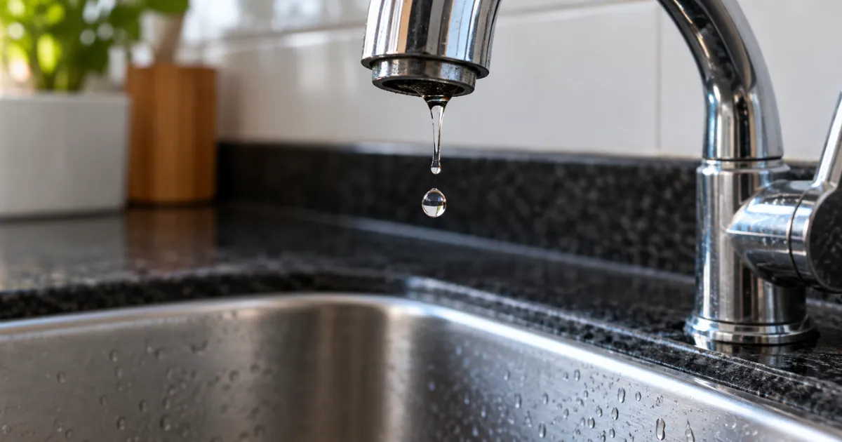 Gota de água caindo de uma torneira de cozinha sobre a pia