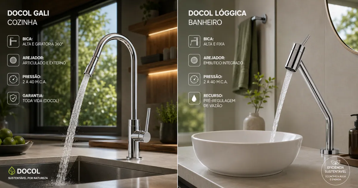 Torneiras Docol Gali e Docol Lóggica instaladas em pias modernas