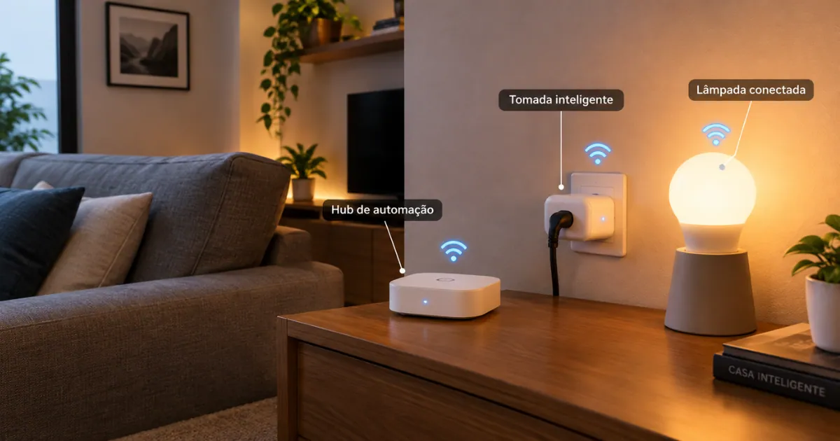 Hub de automação residencial ao lado de tomada inteligente e lâmpada conectada em uma sala pequena